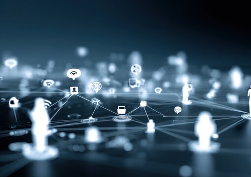 Network of digital figures connected by lines; abstract futuristic design with white icons against a dark blue, blurred background