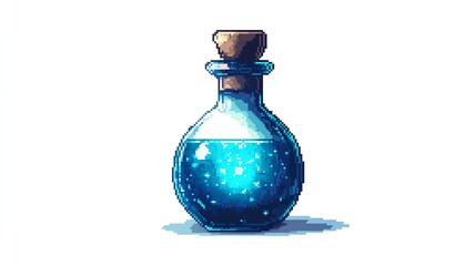 illustration of a magic potion in a magic bottle in pixel art style on white background