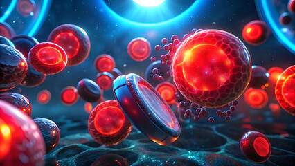 Microscopic red blood cells with glowing veins vector illustration on white background  