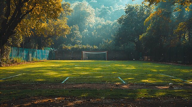 A rundown, rural soccer field with rusty goals and uneven grass, bathed in a warm morning light, nostalgic, abandoned, peaceful - Powered by Adobe