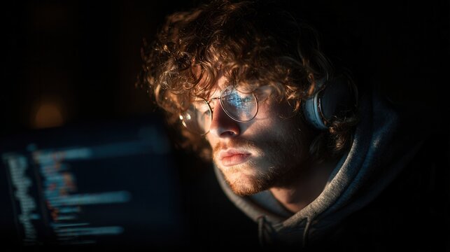 Focused Young Man with Glasses Working Late at Night on Computer