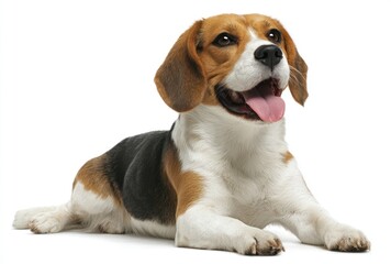 A happy beagle dog with brown, black and white fur is lying down, looking up with its tongue out, isolated