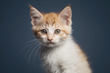 A small cute kitten with white and brown fur gazing into the lens