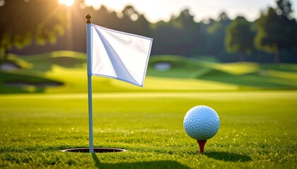 Obraz premium Golf ball on green, flag in the wind