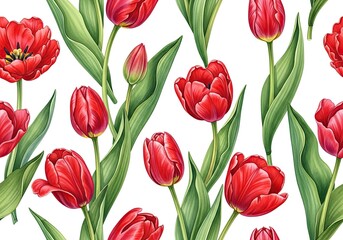 Obraz premium Seamless Pattern of Red Tulips with Green Leaves on a White Background, Elegant Design
