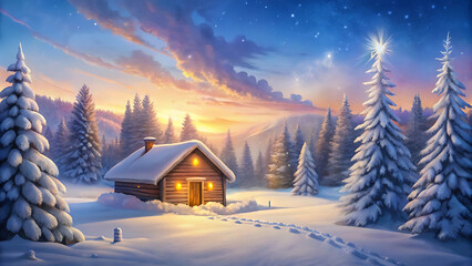Snow covered christmas landscape with wooden cabin vector illustration on white background  