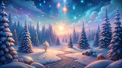Snowy holiday landscape with glowing pine forest vector illustration on white background  