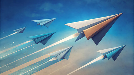 Surreal concept of paper planes racing forward symbol vector illustration on white background  
