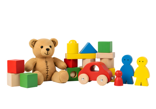 Wooden Toys: Teddy Bear, Blocks, and Car Educational Playtime Photography on white background