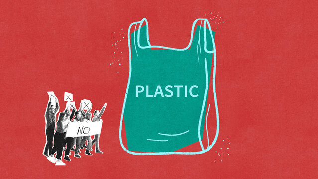 Contemporary collage. Protest crowd against plastic bag with bold environmental message on red background. Concept of sustainability, ecological awareness, activism, and consumer responsibility. - Powered by Adobe