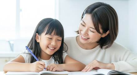 家で子どもに勉強を教える母親
