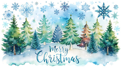 Watercolor festive christmas card with pine trees vector illustration on white background  