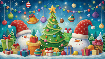 Whimsical christmas children drawing with santa vector illustration on white background  