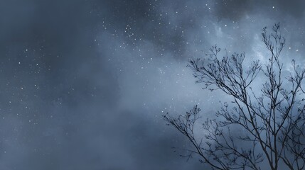 Bare tree branches silhouetted against a dark blue night sky with scattered stars and glowing particles