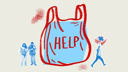 Surreal collage art. Giant plastic bag with help message surrounded by people and aid symbols....
