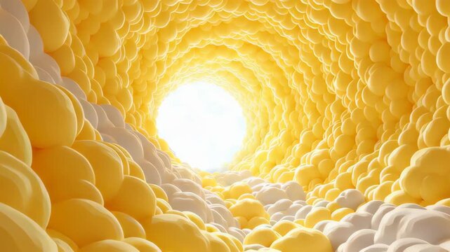 Illuminating journey through a vibrant yellow balloon tunnel abstract art bright and dreamy environment optimistic perspective