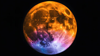Surreal celestial body with fiery orange and yellow upper hemisphere and vibrant purple-blue lower half, hyperrealistic fantasy moon planet in deep black space