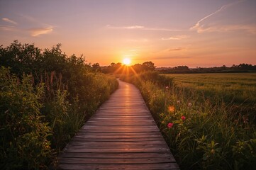 Obraz premium A serene dusk scene featuring a wooden walkway.