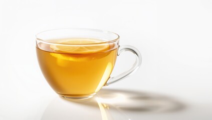 A clear glass filled with steaming lemon tea and a lemon wedge, set against a white backdrop