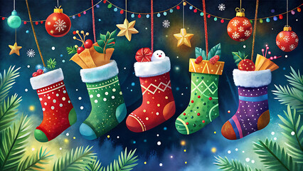 Whimsical christmas stockings illustration with bright colors vector illustration on white background  