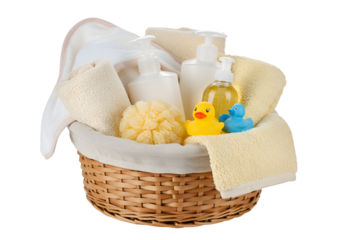 Baby Bath Basket: Essentials for a Joyful Bath Time on white background