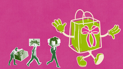 Colorful collage. Walking gift bag with bow and waving hands surrounded by people carrying presents. Concept of consumer culture, holiday shopping, symbolic humor, and advertising campaign visuals.
