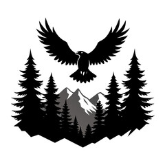 Obraz premium Flying Eagle over Mountain Forest Silhouette Vector