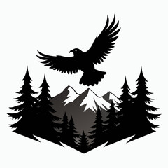 Obraz premium Flying Eagle over Mountain Forest Silhouette Vector