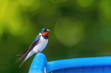 Fototapeta premium A small bird perches on the edge of a vibrant blue vessel