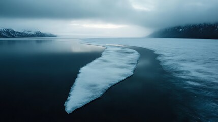 Ice formation on tranquil lake arctic region landscape photography serene waterscape aerial perspective nature's beauty