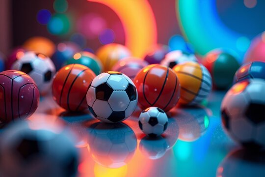 Holographic background showcasing a variety of colorful sports balls and equipment