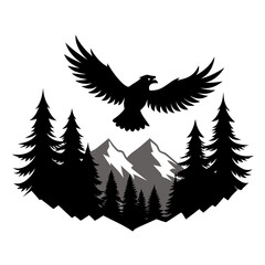 Obraz premium Flying Eagle over Mountain Forest Silhouette Vector