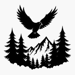 Obraz premium Flying Eagle over Mountain Forest Silhouette Vector