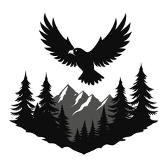 Obraz premium Flying Eagle over Mountain Forest Silhouette Vector