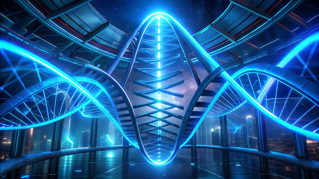 Abstract dna double helix glowing in neon blue light futuristic biotechnology science concept illustration genetics research medical innovation  