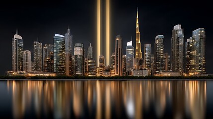 Obraz premium Glowing City Skyline at Night With Reflections and Beams of Light Shining Brightly
