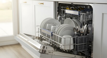 Modern kitchen with a loaded dishwasher featuring clean dishes, cutlery, and glassware, sunlight streaming in