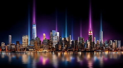 Obraz premium Stunning Night Skyline of New York City Illuminated with Colorful Light Beams
