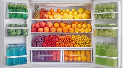 Refrigerator filled with fresh fruits and vegetables organized in rainbow colors for healthy lifestyle concept