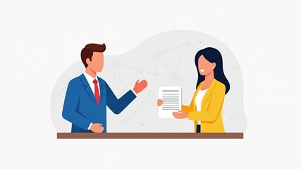 Professional businessman and businesswoman discussing a contract agreement and exchanging documents in an office setting, representing a successful partnership