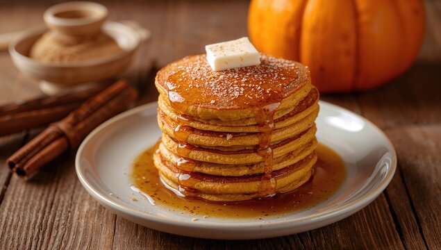 A Pile of Pancakes with Pumpkin Spice Flavor on a Rustic Wooden Surface