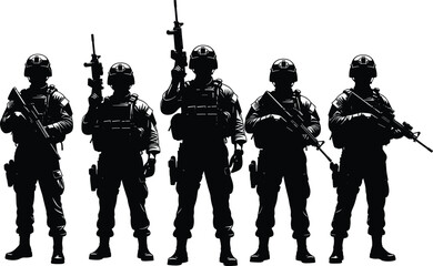 Military silhouette illustration, armed soldiers, tactical gear, rifle poses, black vector, defense team, war zone, combat squad, battlefield stance, army formation