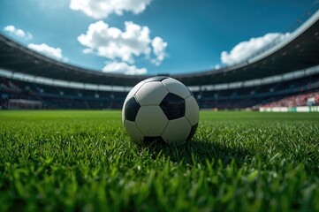 A football placed on vibrant green turf inside a sports arena.