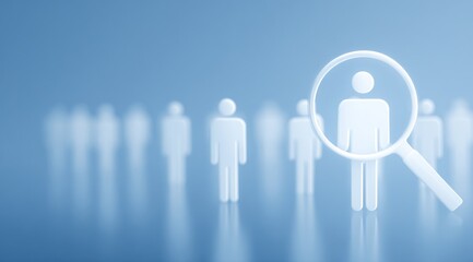 White figurines in a row, with one highlighted by a magnifying glass, against a light blue background