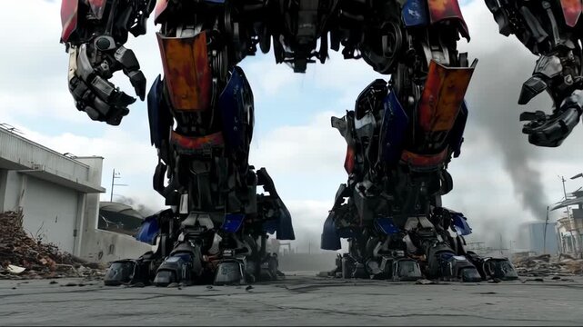 Giant robot strides across a ruined cityscape