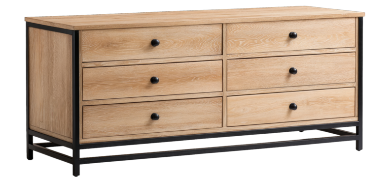 Light beige wooden dresser with black metal frame