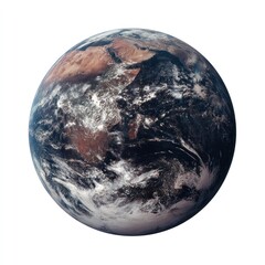 Naklejka premium Blue planet earth floats in space. Continents visible, partially obscured by clouds, set against a white background