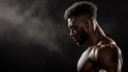 Dynamic fitness portrait of a muscular athlete studio setting professional photography dark background close-up view strength and resilience concept