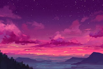 Painted sunset Magenta and violet clouds over hills, reflecting in water under a starry sky. Dreamy, peaceful scene