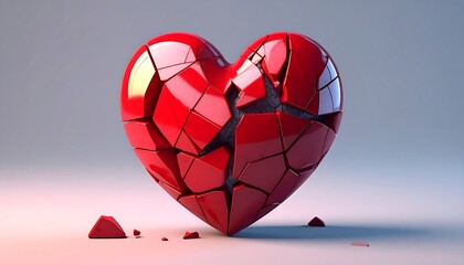 A shattered, glossy red heart on a light gray background